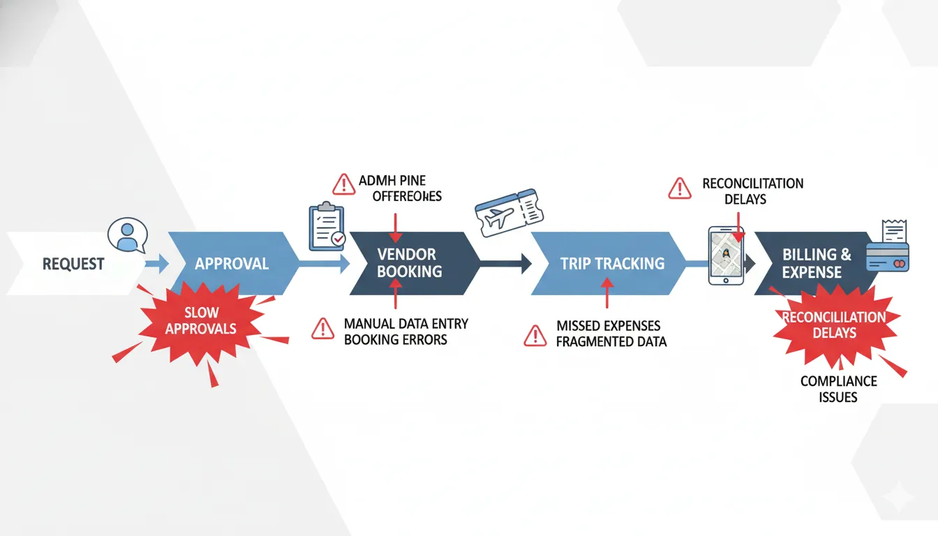 Corporate car rental management workflow showing booking approval and vendor coordination challenges