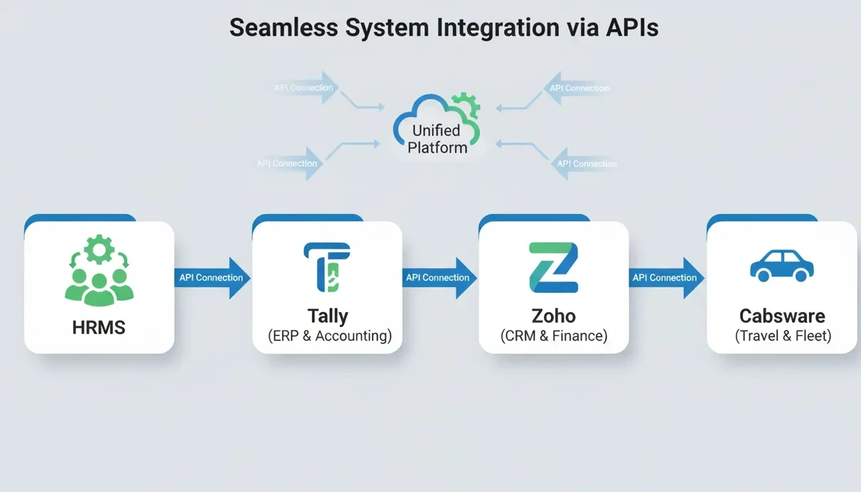 Corporate car rental system integrating with HRMS, accounting, and ERP tools for connected travel management