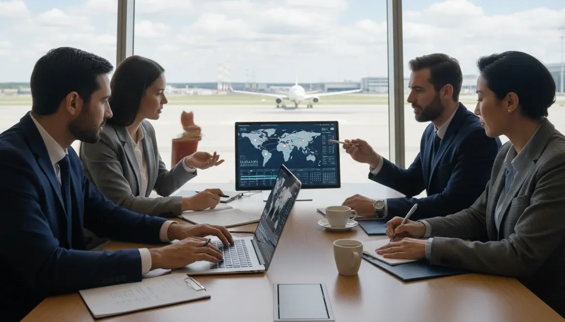 Corporate travel management team using digital car rental software for employee transport planning