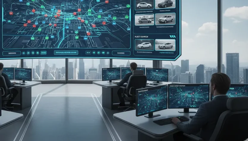 Fleet management software dashboard for car rental business showing vehicle tracking and analytics