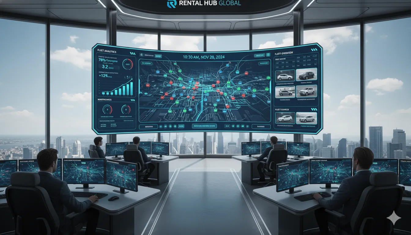 Fleet management software dashboard for car rental business showing vehicle tracking and analytics