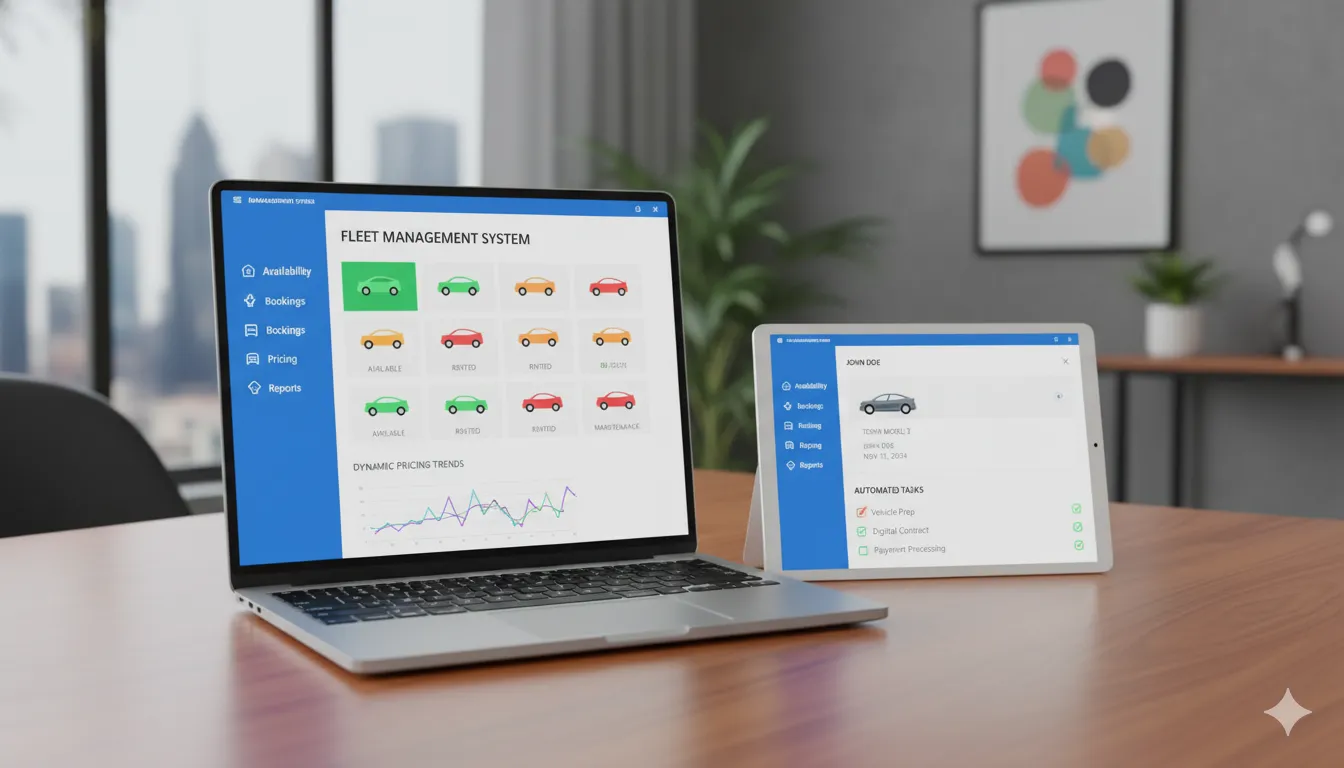 Modern car rental dashboard showing fleet availability, booking confirmations, and automated management tools on laptop and tablet