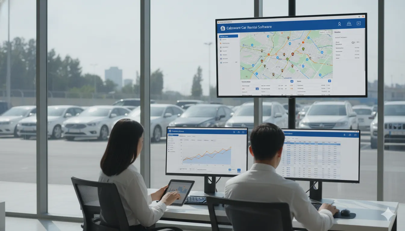 Cabsware car rental software dashboard with staff managing fleet and online bookings in modern office