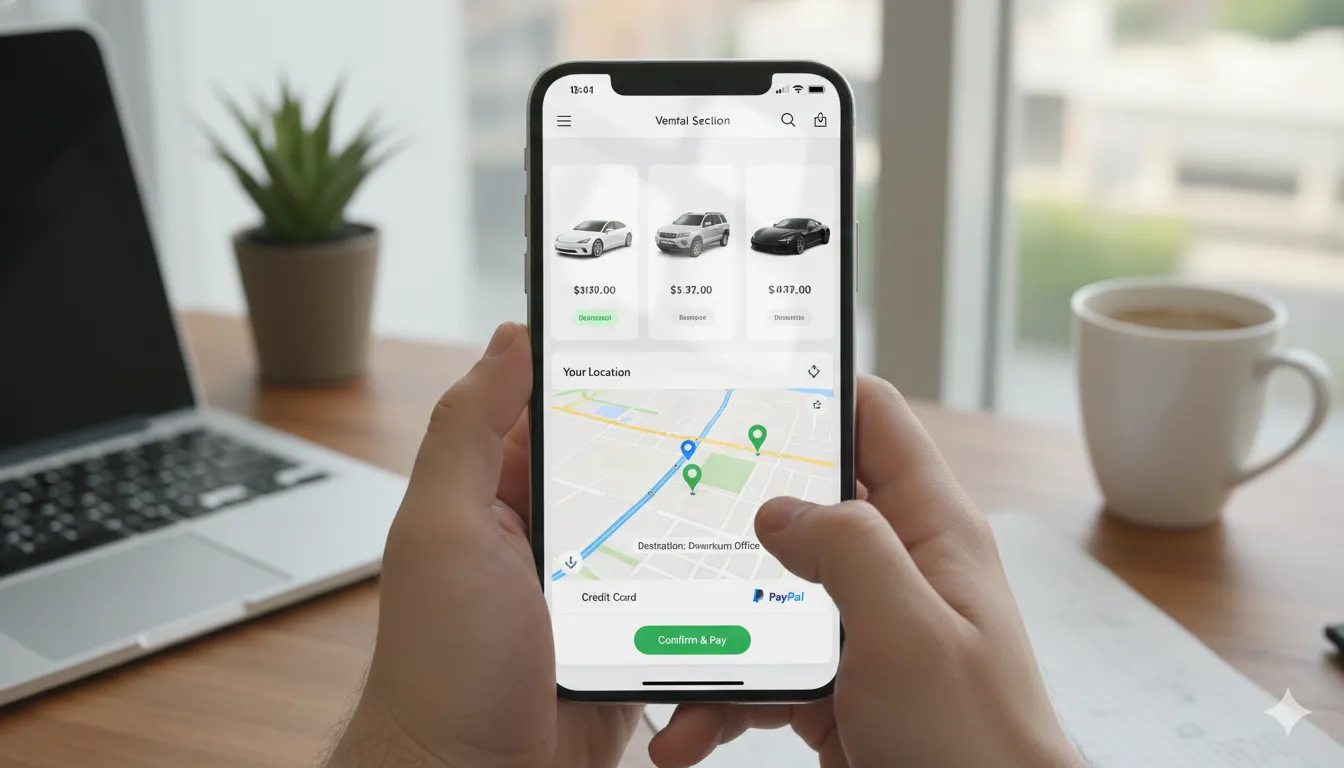 Car rental mobile app interface showing vehicle selection GPS tracking and payment screen on smartphone