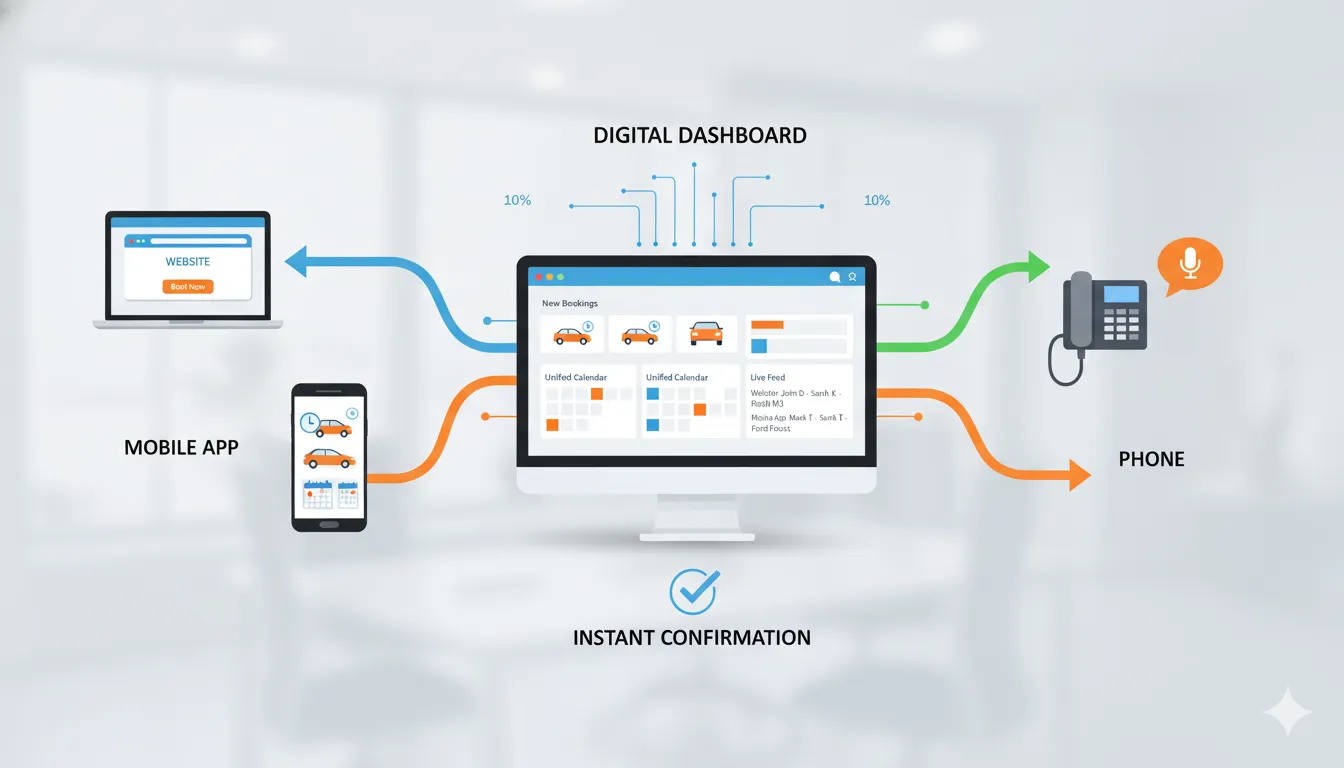 Car rental bookings coming from website, mobile app, and phone syncing to a central dashboard