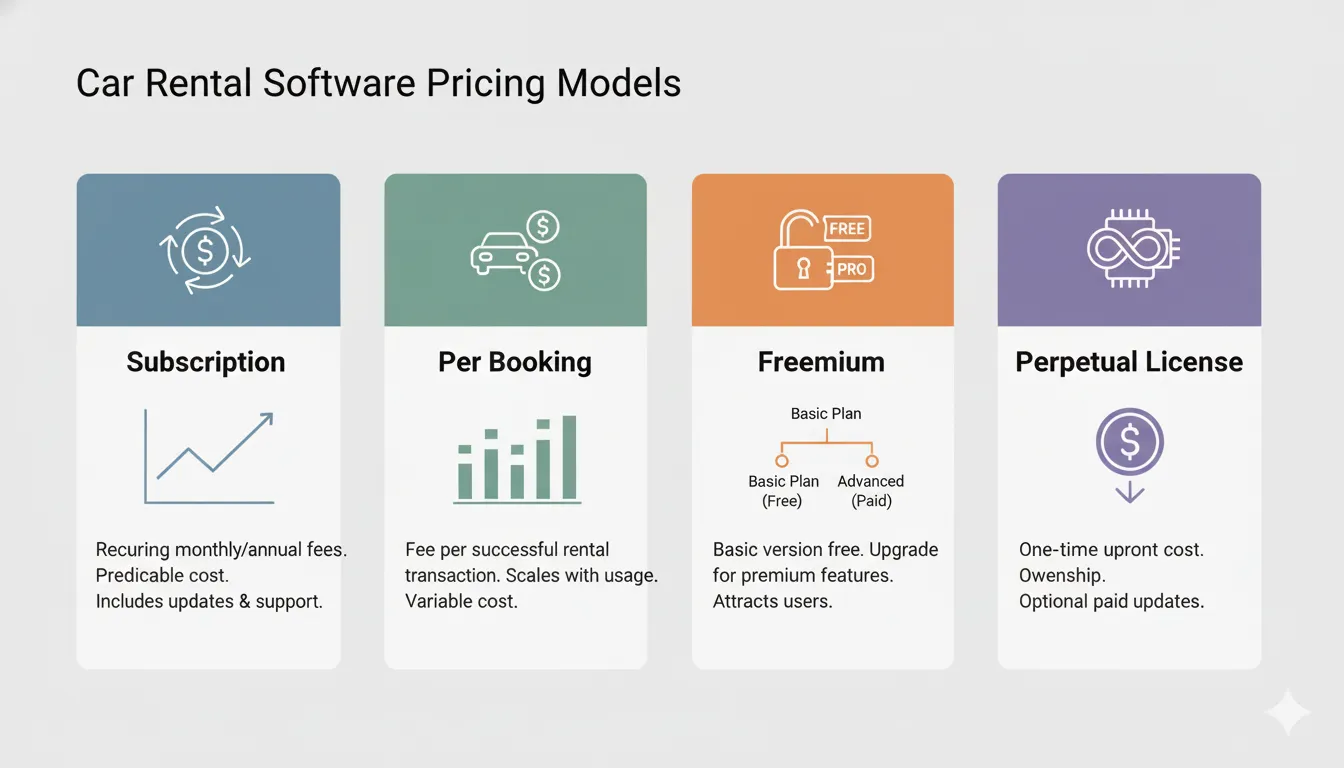 Infographic showing different car rental software pricing models including subscription, per booking, freemium, and perpetual license