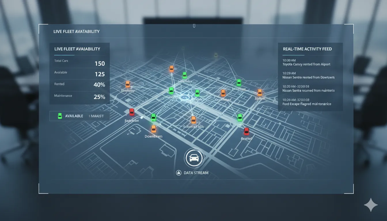 Digital map displaying real-time car availability across multiple locations with live updates