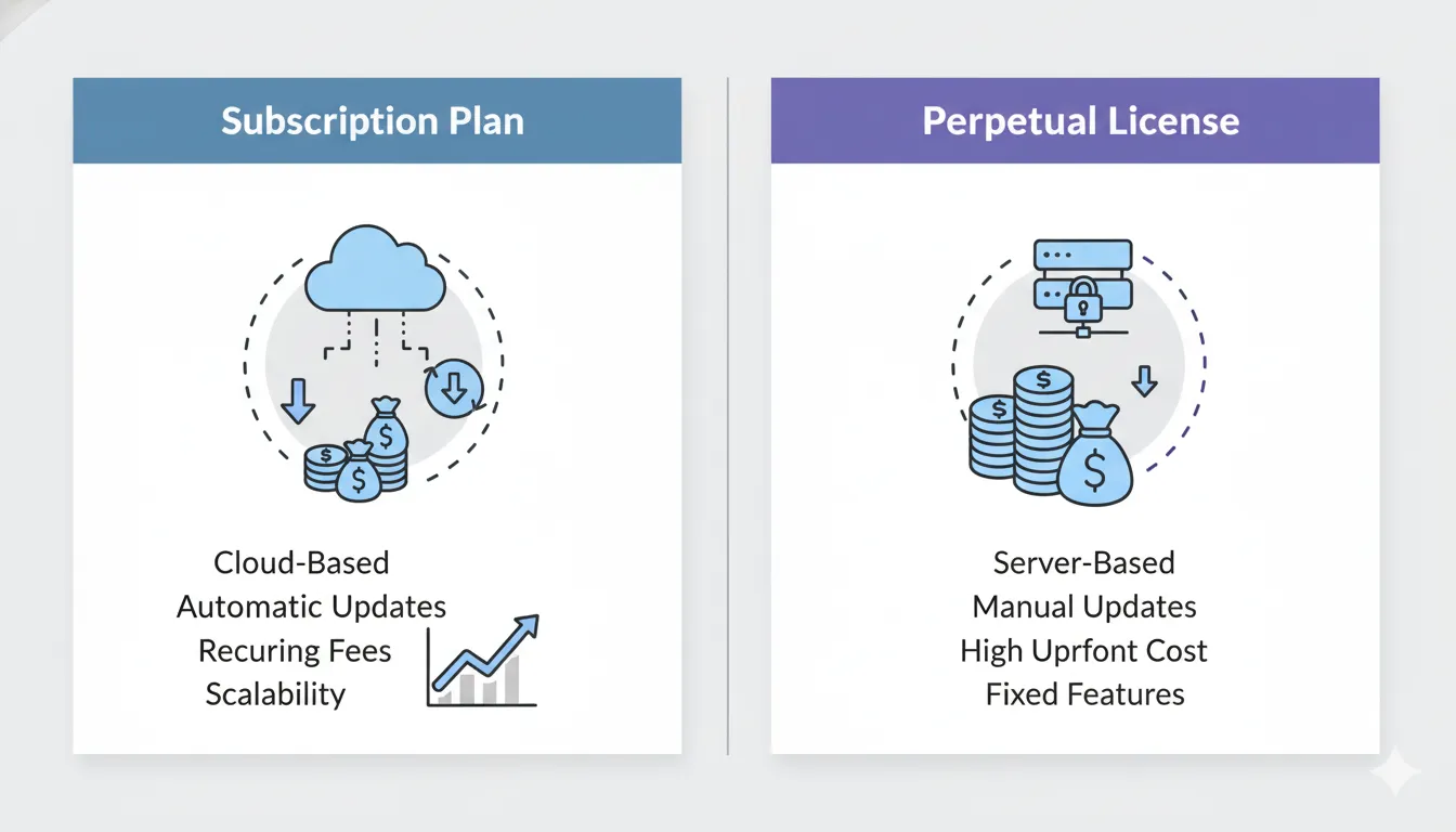 Visual comparison of subscription based rental software and one-time license showing cloud and server access with cost indicators