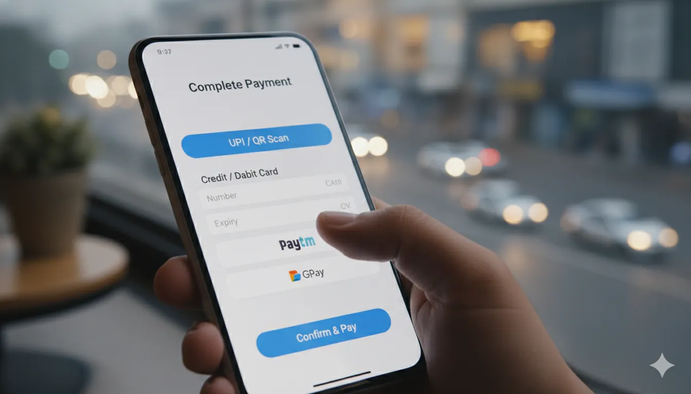 Mobile app screen showing secure payment options including UPI, credit cards, Paytm, and GPay