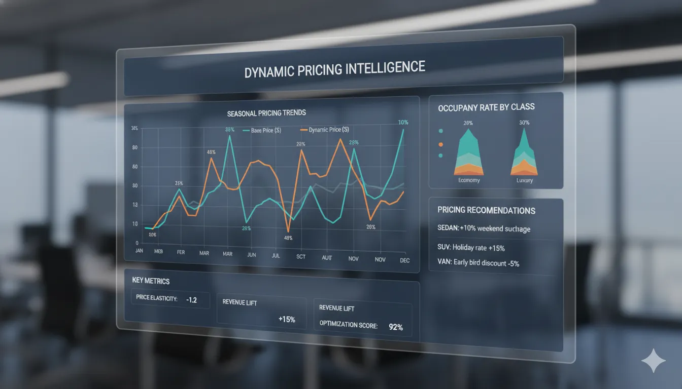 Car rental dashboard showing dynamic pricing with seasonal trends and demand graphs